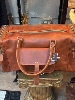 Premium Brown Leather Duffel Bag with Front Pocket